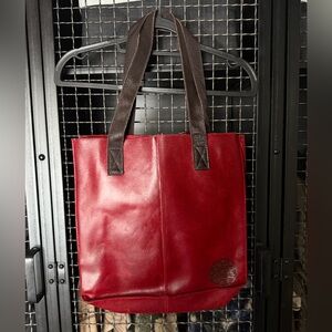 Red Leather Tote Bag with Brown Leather Handles